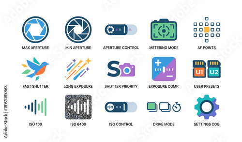 Photography icons showing exposure controls on white background