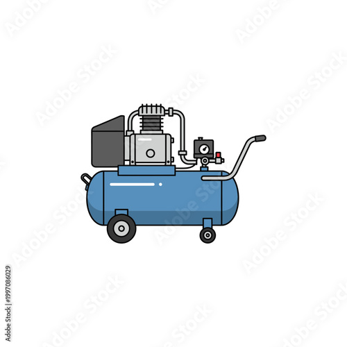 Industrial blue air compressor portable unit flat vector illustration