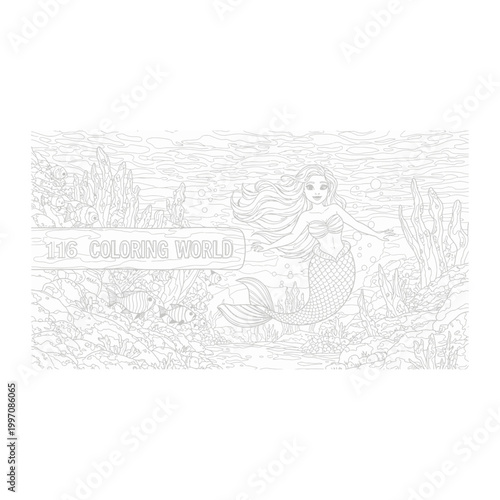 Undersea mermaid world detailed coloring page for kids and adults with line art