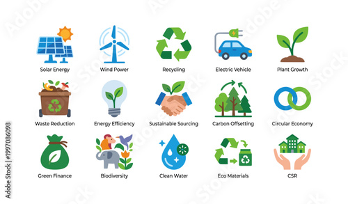 Sustainability icons showing renewable energy and environmental themes