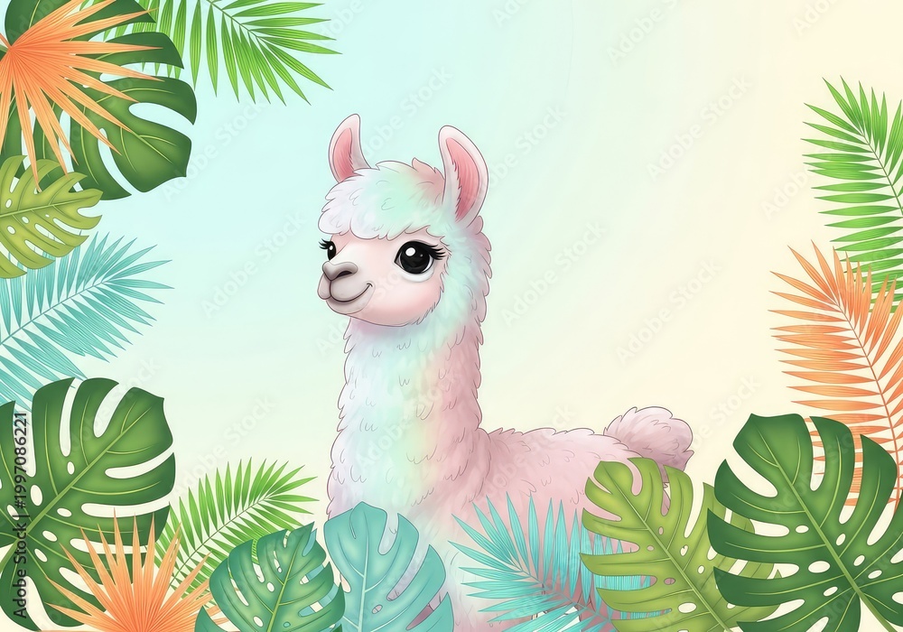 Fototapeta premium Adorable young llama illustration with tropical safari leaves for a soft nursery wall art poster. Gentle pastel colors and cute animal style, domestic, watercolor, fauna