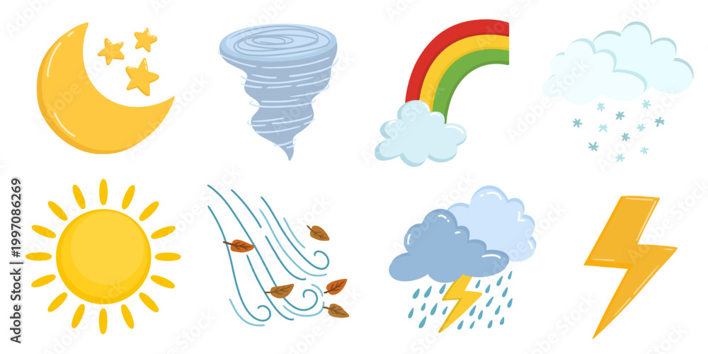 Fototapeta premium Cute Weather Doodle Illustration Set with Sun Moon Rainbow Tornado Cloud Rain Lightning and Wind Elements