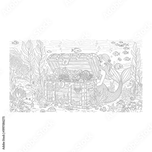 Mermaid with treasure chest underwater line art illustration