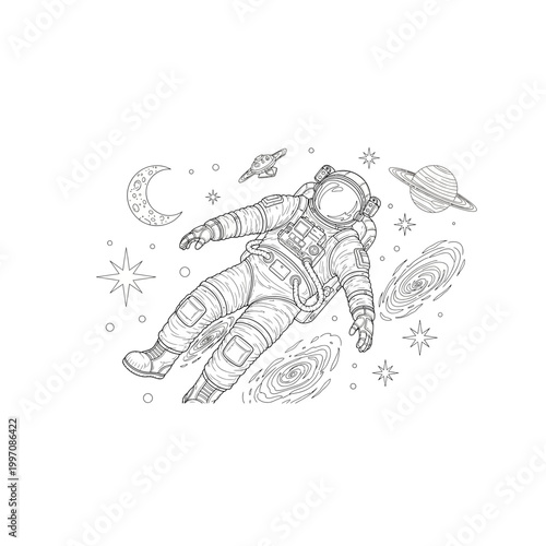 Line art illustration of an astronaut floating in outer space