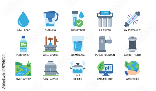 Water supply and treatment icons arranged in grid on white background