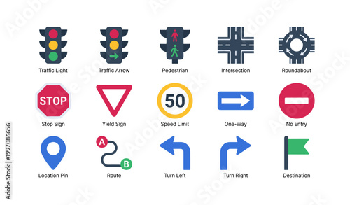 Traffic and navigation icons showing road signs and symbols