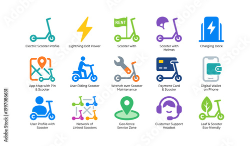 Electric scooter icons showing rental and service features on white