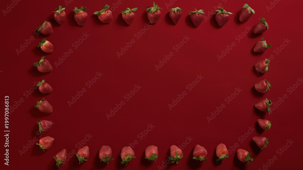 Obraz premium Strawberries Border Layout Red Background