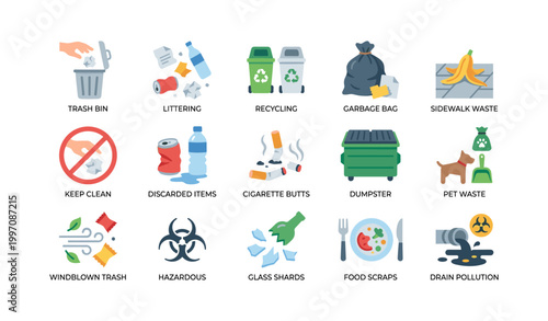 Litter and waste icons illustrating trash types and disposal symbols