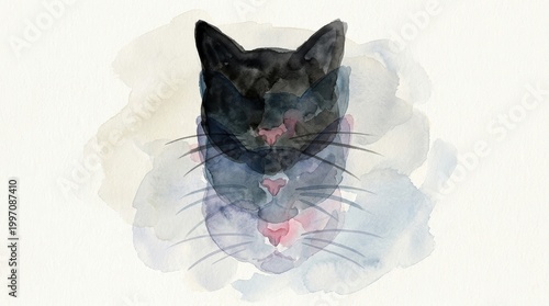 Watercolor Portrait of a Black Cat with Whiskers and Soft Colors in an Abstract Artistic Style
