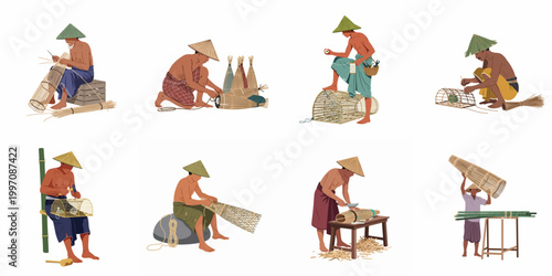 Illustrations of Southeast Asian craftsmen in conical hats weaving traditional bamboo fish traps using various tools and techniques.