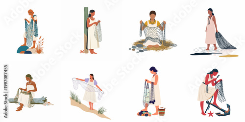Set of flat vector illustrations depicting women in traditional white dresses working with fishing nets in various coastal maritime scenes.
