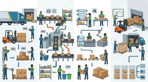 Logistics and supply chain management process illustration showing diverse warehouse workers shipping packages using forklifts and conveyor belts in an industrial facility