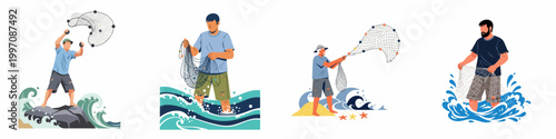 Set of flat vector illustrations showing fishermen casting nets and standing in ocean waves, representing traditional maritime activities and coastal life.