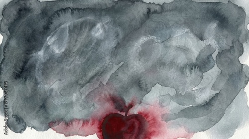 Abstract Watercolor Art with Shades of Gray and Red Symbolizing Emotion and Depth