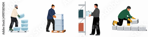 Illustration set of warehouse workers in warm clothing moving boxes and containers in a cold storage facility on a white background.