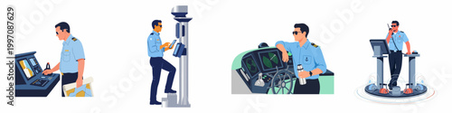 Flat vector illustrations of a maritime ship captain or officer performing various professional duties on the bridge, including navigation, communication, and system monitoring.