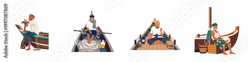 Set of four flat illustrations featuring elderly Southeast Asian fishermen resting and working on their traditional wooden boats, isolated on white background.