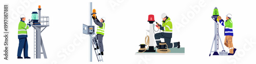 Illustrations of technicians in high-visibility gear performing maintenance and installation of maritime signaling beacons, navigation lights, and electrical warning equipment.
