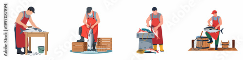 Set of illustrations depicting professional fishermen cleaning, scaling, and processing various types of fish in traditional work attire.
