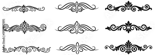 Calligraphic swirl floral ornaments. Modern swirling flourishes, wreath, romantic card decorative swirl and wedding card decor curls swirls dividers set. Black curly thin lines