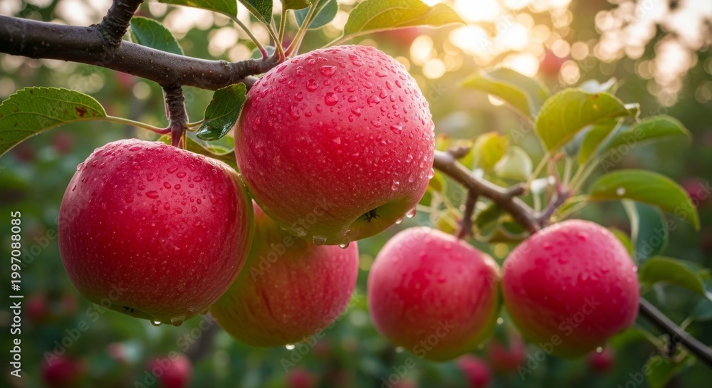 Obraz premium Ripe Red Apples Hanging From A Fruit Tree Branch