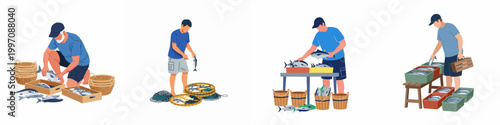 Flat vector illustration set of fishermen and fishmongers sorting fresh seafood catch into crates, baskets, and trays for market sale.
