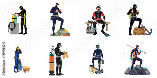 Flat vector illustrations of scuba divers in wetsuits with various diving equipment and gear, set on a white background.