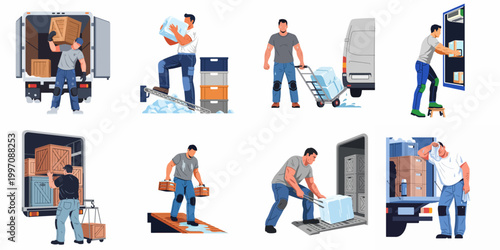 Set of illustrations showing men performing manual labor, loading and unloading heavy ice blocks and crates from commercial delivery trucks.