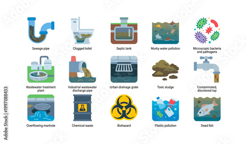Sewage and pollution icons showing waste hazards on white grid