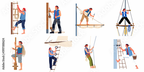 Vector illustration set of a sailor in a red bandana performing various deckhand tasks like climbing rope ladders and handling sails on a ship.
