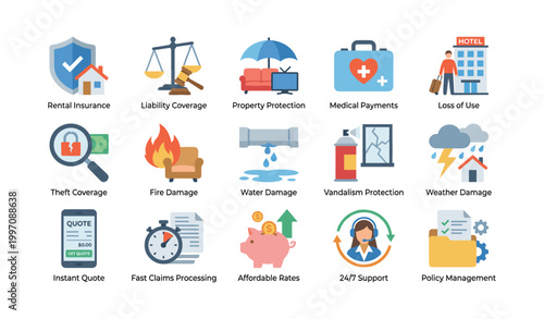 Rental insurance and coverage icons showing policy protections
