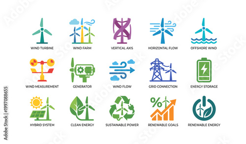 Wind energy icons illustrating turbines farms and storage