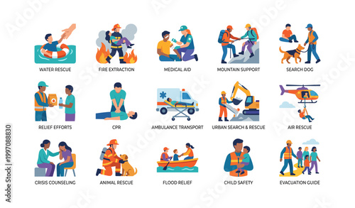 Emergency and rescue icons arranged in grid on white background