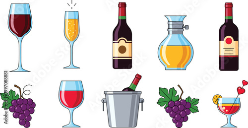 Wine and Champagne Vector Set Featuring Red Wine, Sparkling Wine, Wine Bottles, and Grapes for Elegant Beverage Illustrations