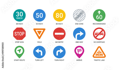 Traffic sign icons displaying speed limits and directions on white