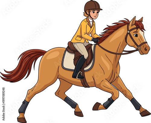 Female Equestrian Rider on Horse Jumping Cartoon Illustration with Riding Gear Saddle and Helmet Sport Activity Isolated on White Background