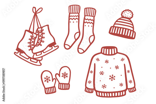 Winter clothing doodle vector illustration with skates, socks, hat, mittens and cozy hand drawn sweater