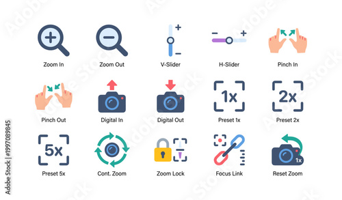 Zoom and control icons illustrating zoom functions on white background