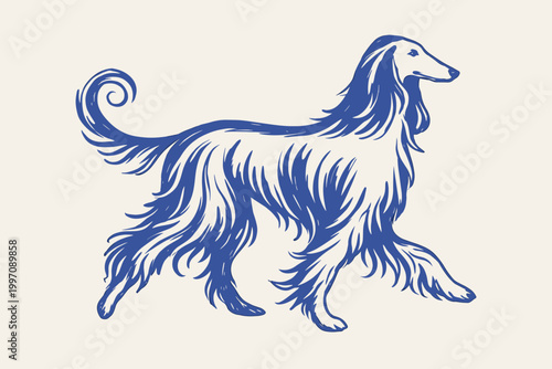 Afghan hound dog doodle vector illustration with long flowing fur and elegant hand drawn pet line art
