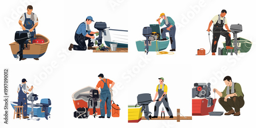 Collection of male mechanics repairing and maintaining outboard boat engines, vector illustrations of boat motor service and marine engineering.