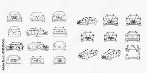 Set of various car blueprints and wireframe models, front, side, and rear views, for automotive design and engineering.