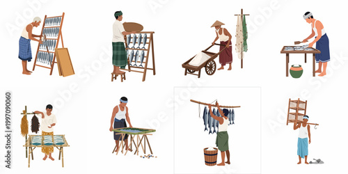 Southeast Asian fishermen processing, drying, and salting fish, flat vector illustration set