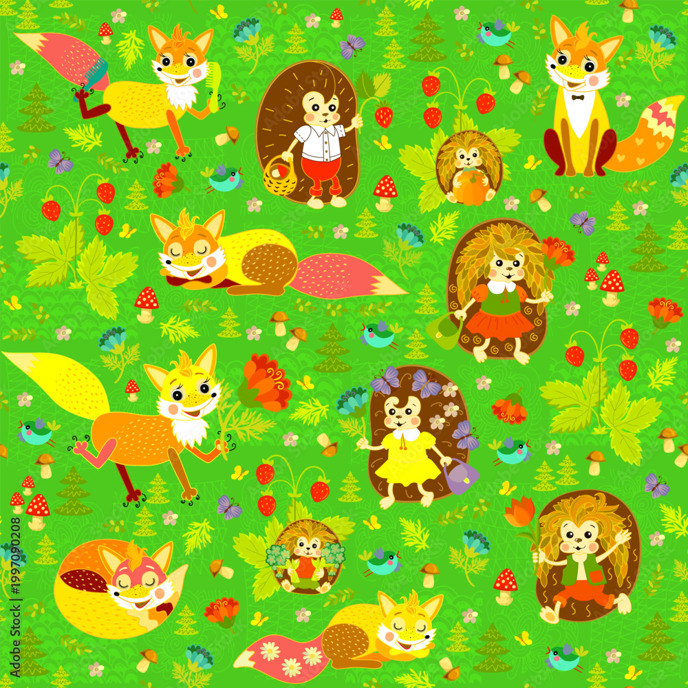 Naklejka premium Seamless pattern with animals in summer forest. Cute hedgehogs and foxes among flowers, berries, leaves, mushrooms and trees