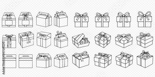 Set of various outline gift boxes, present boxes, and packaging boxes with bows and ribbons, isolated on transparent background.