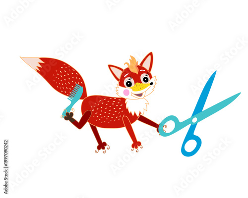 Cute fox - hairdresser. Adorable fox with scissors and comb isolated on white background