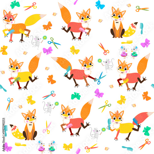 Cute foxes with scissors and combs, and mice in hairdressing salon. Seamless pattern with adorable animals, bows, scissors, combs on white background