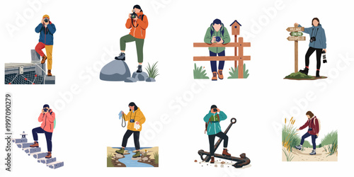 A collection of flat vector illustrations depicting various photographers and hikers exploring diverse natural landscapes and taking pictures.