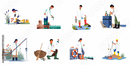 Vector illustrations of ecologists and aquatic scientists conducting water quality tests, sample collection, and environmental monitoring in different field settings.