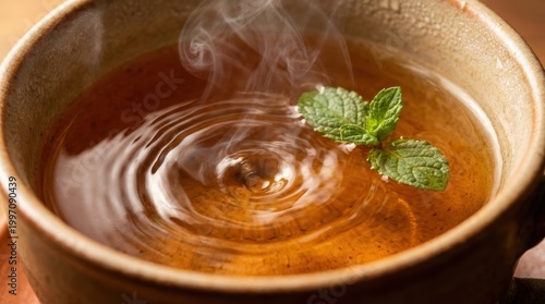 Steam Rising from Herbal Tea in a Brown Ceramic Cup Garnished with Fresh Mint Leaves
